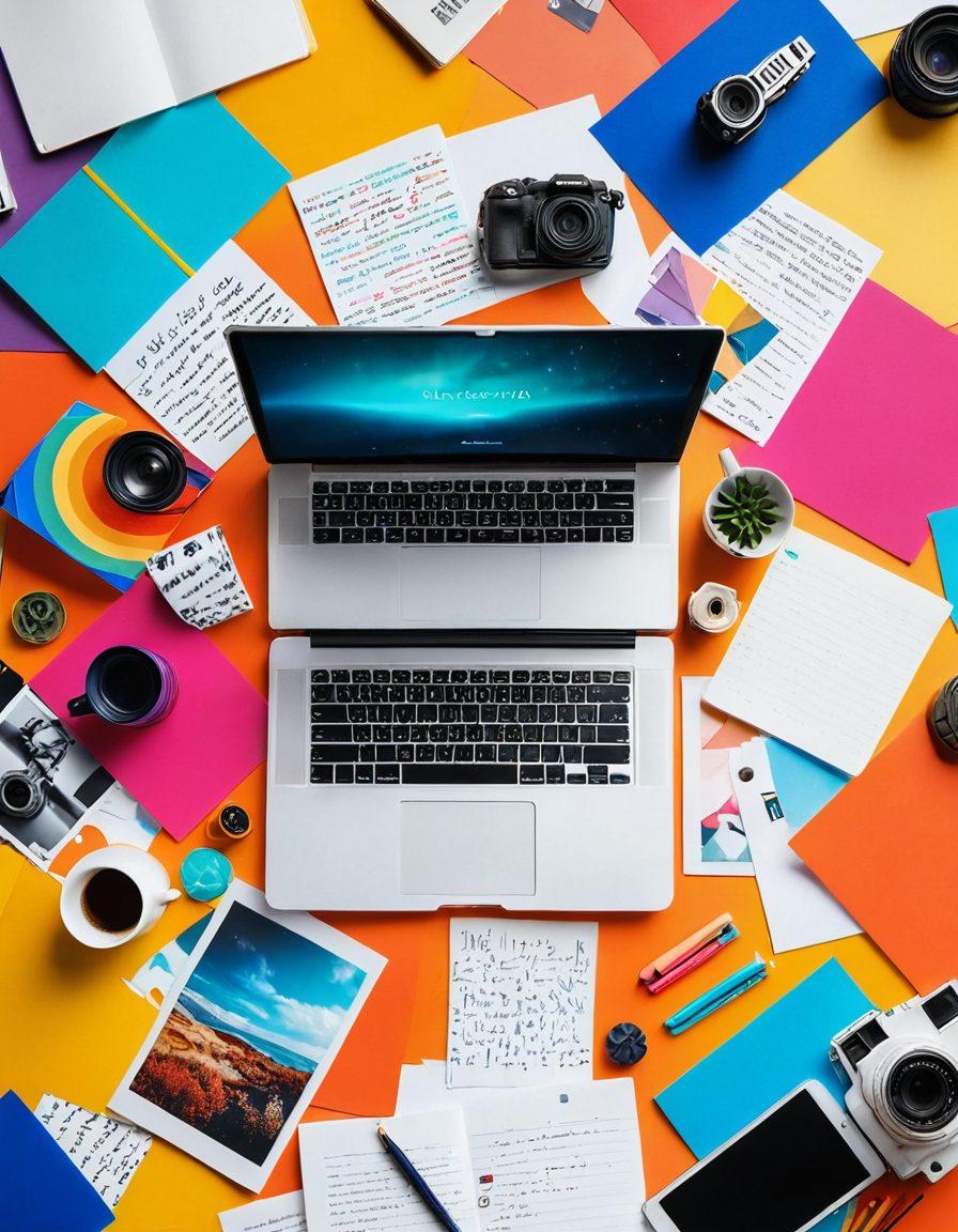 A collage of stunning photographs seamlessly blending into written articles, featuring a camera, a laptop, and colorful posts emerging from the snapshots. The background should depict a creative workspace filled with photo prints, notebooks, and vibrant hues symbolizing creativity. The elements should be arranged dynamically to evoke the transition from image to text. Bright and inspiring atmosphere. super-realistic. vibrant colors. 3D.
