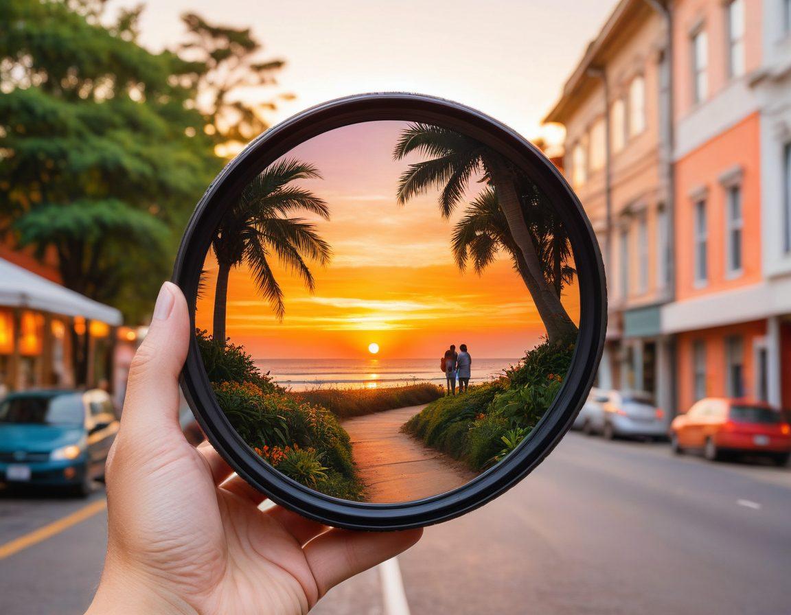 A captivating collage of a camera lens focusing on various moments: a sunset, a family gathering, street art, and nature. In the foreground, a hand holds a smartphone capturing an ephemeral scene. The background is a blend of vibrant colors and soft textures that evoke emotion and connection. Super-realistic. Vibrant colors. White background.