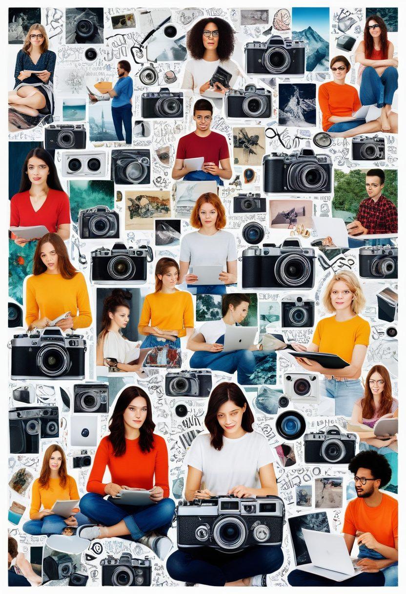 A captivating collage of diverse bloggers using various cameras and gadgets, surrounded by vibrant visuals of stunning landscapes, portraits, and abstract art. Emphasize the connection between photography and storytelling with elements like open notebooks and creative brainstorming sketches. Infuse a sense of energy and inspiration through bright colors and dynamic compositions. surrealistic. vibrant colors. white background.